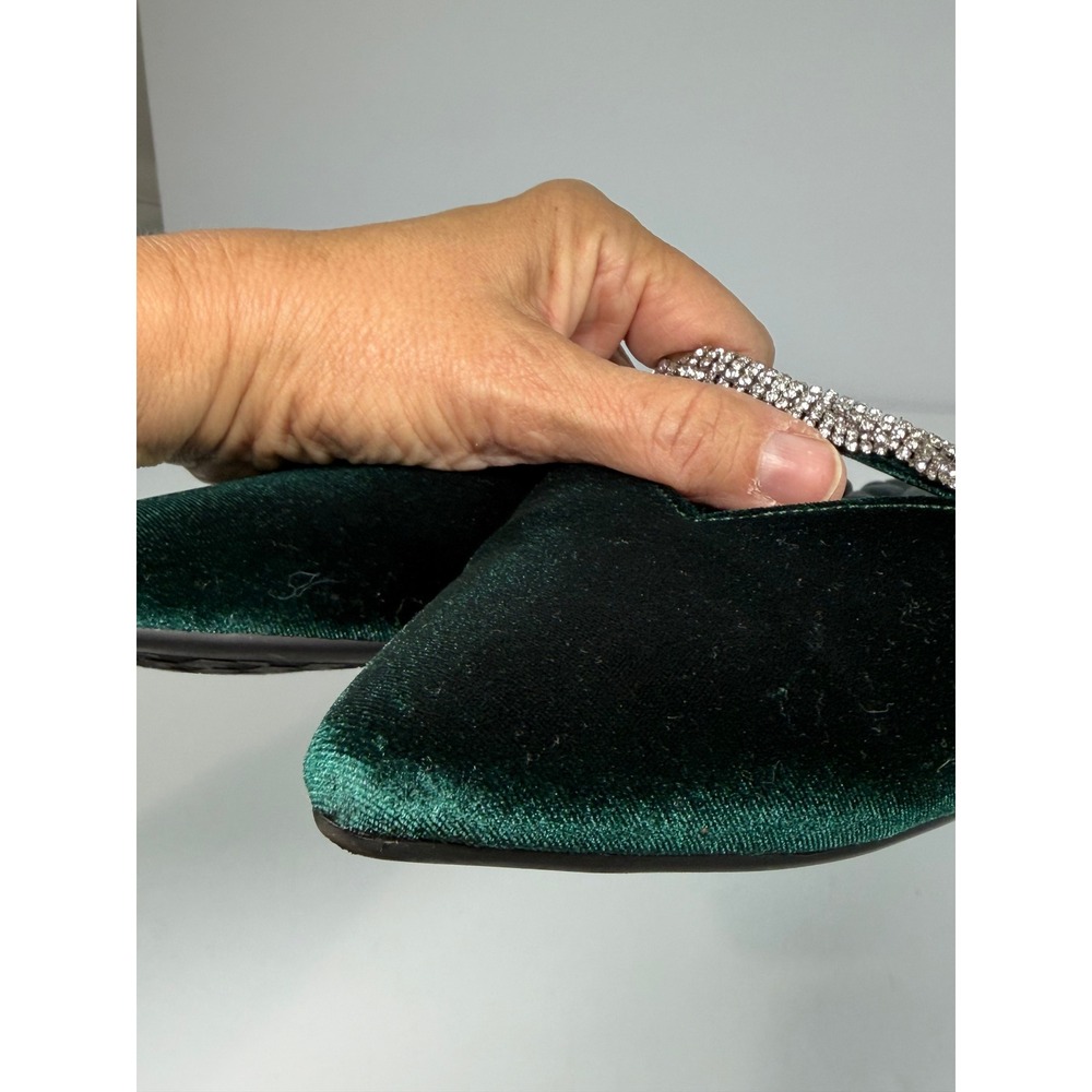 Birdies The Swan Mule Women 9 Green Velvet Crystal Embellished Pointed Toe Flat - Picture 10 of 12